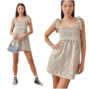 Reformation Floral Smocked Mini Dress in Cream and Lavender